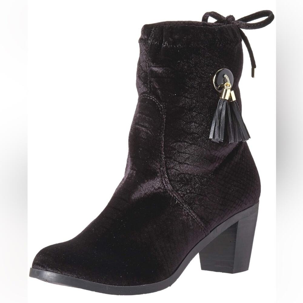 New $115 Black Faux Velvet Slouchy Sock Boot Tassle Womens 9.5 Boho Quiet Luxury